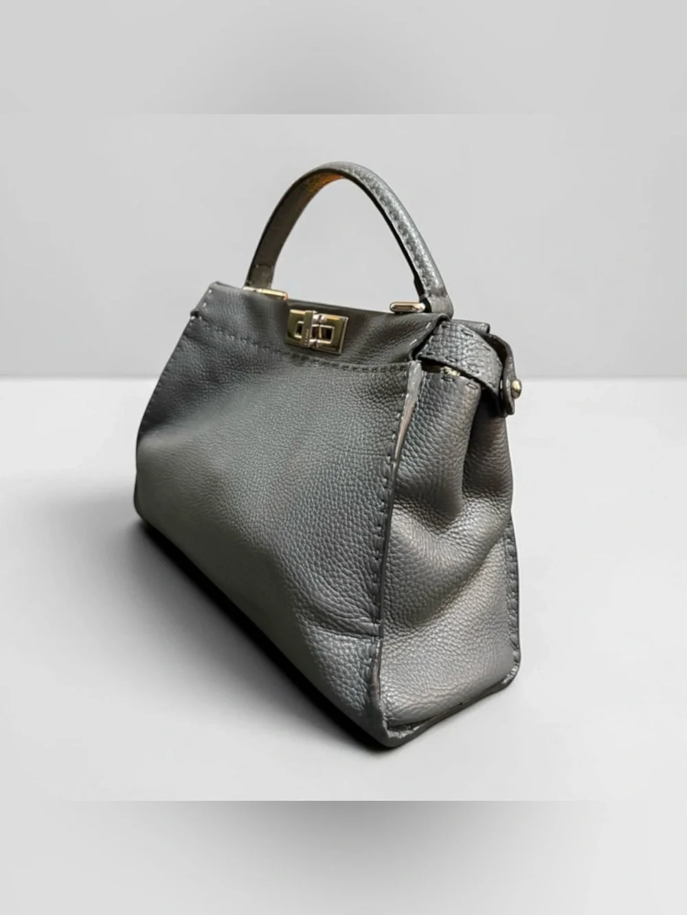 Fendi Peekaboo Medium Metallic Gray Leather Top Handdle Bag Silver Hardware